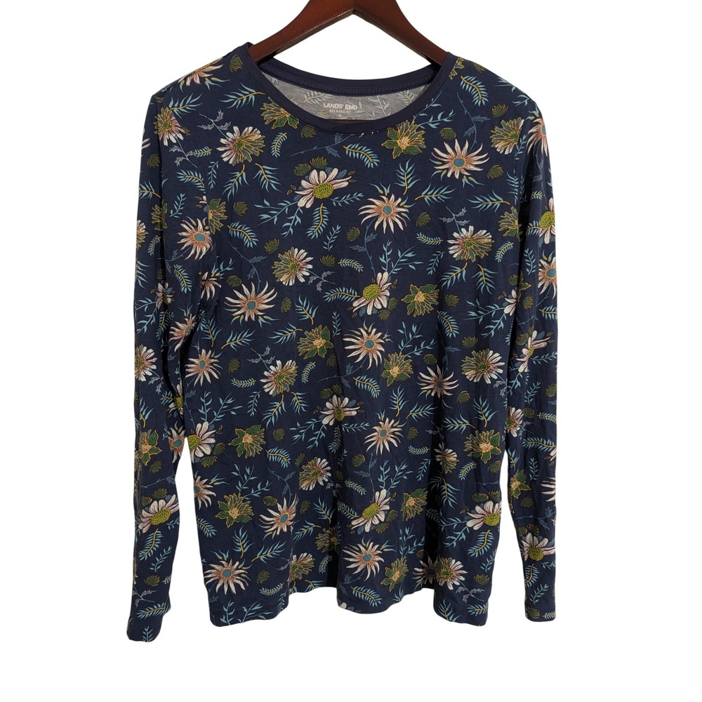 Lands End Womens Navy Blue Floral Supima Cotton Long Sleeve Tee Relaxed Fit M